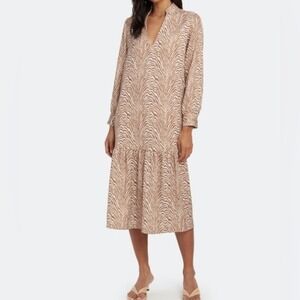 NORR Rio Wood Print‎ Drop Waist Long Sleeve Midi Dress,Brown,S